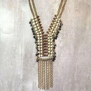 Vintage 2-Strand Goldtone 36" Y-Drop Statement Necklace Beaded Earthtone Fringe